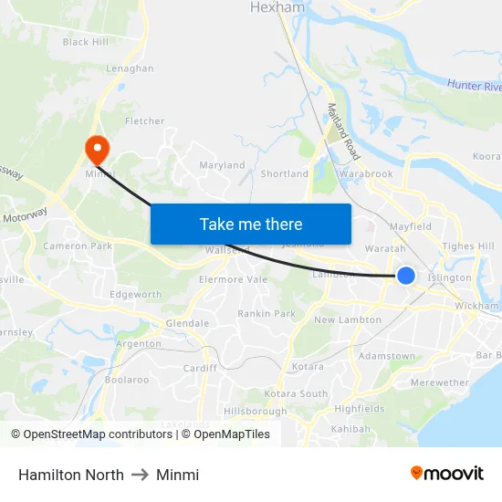 Hamilton North to Minmi map