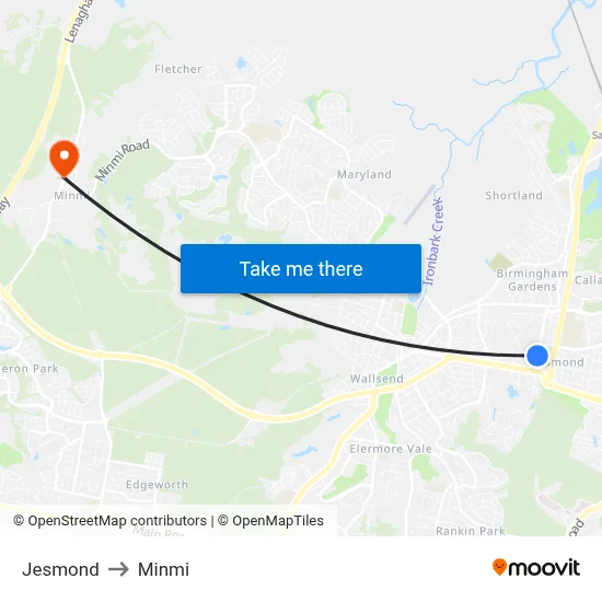 Jesmond to Minmi map