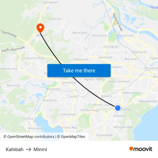 Kahibah to Minmi map
