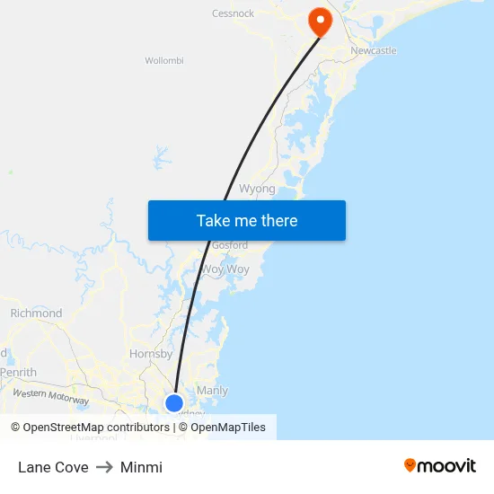 Lane Cove to Minmi map