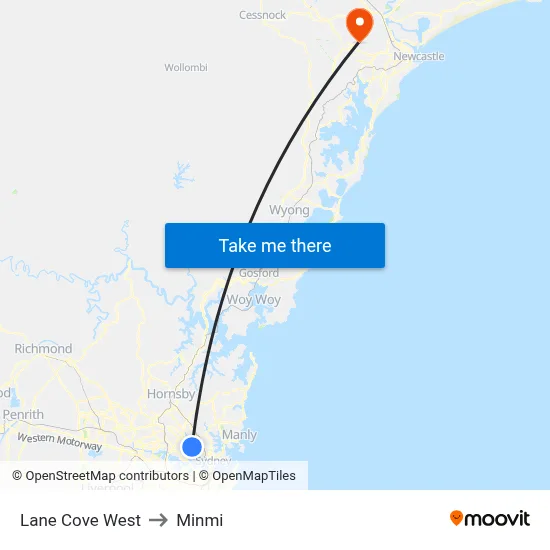 Lane Cove West to Minmi map