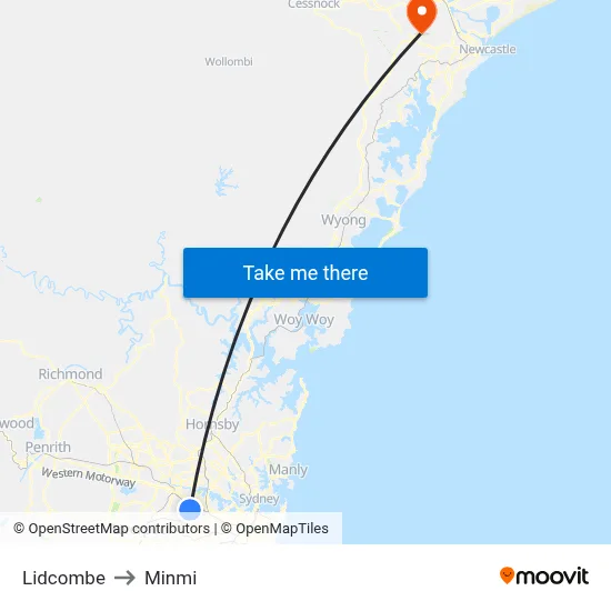 Lidcombe to Minmi map