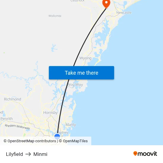 Lilyfield to Minmi map