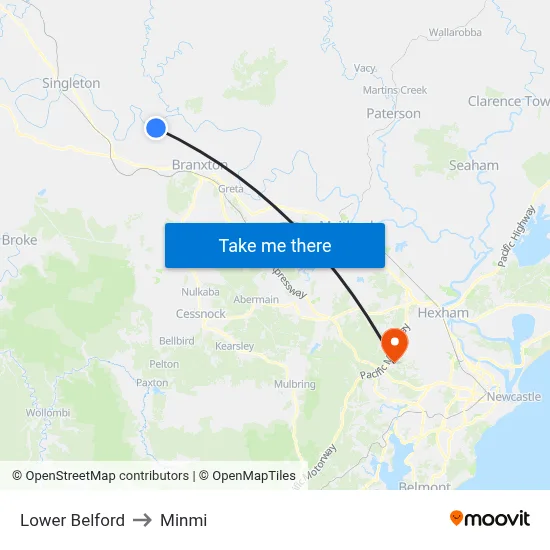 Lower Belford to Minmi map
