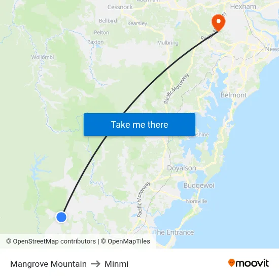 Mangrove Mountain to Minmi map