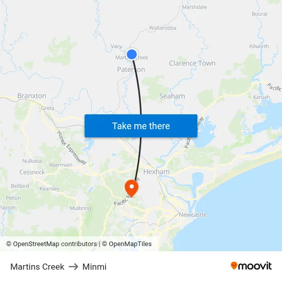 Martins Creek to Minmi map