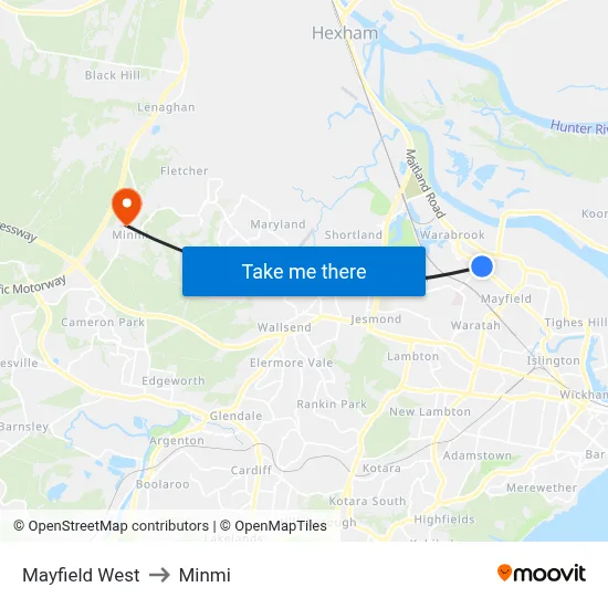 Mayfield West to Minmi map