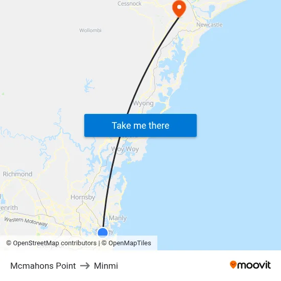 Mcmahons Point to Minmi map
