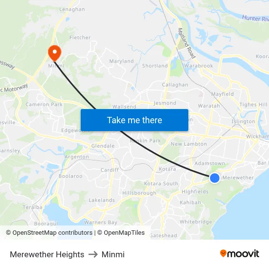 Merewether Heights to Minmi map