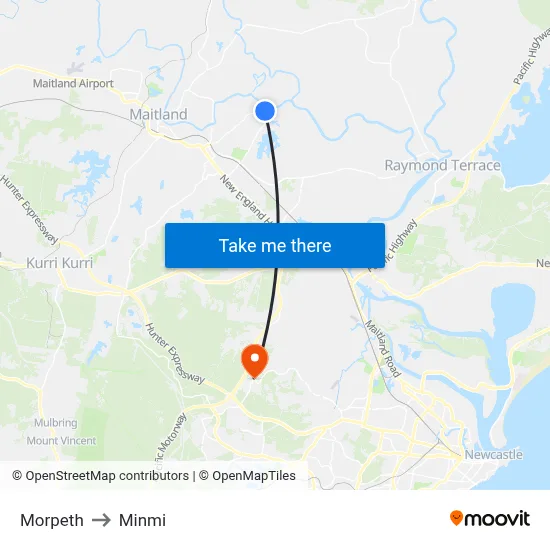 Morpeth to Minmi map