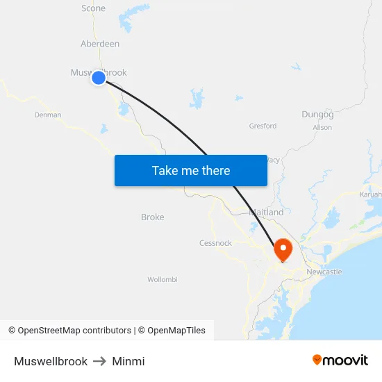 Muswellbrook to Minmi map