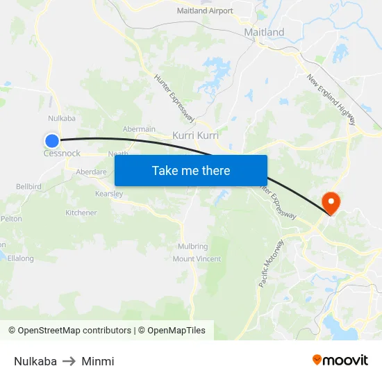 Nulkaba to Minmi map