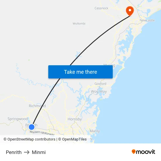 Penrith to Minmi map