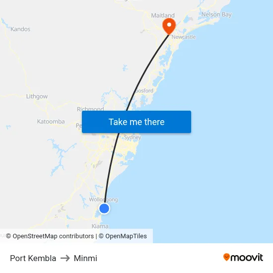 Port Kembla to Minmi map