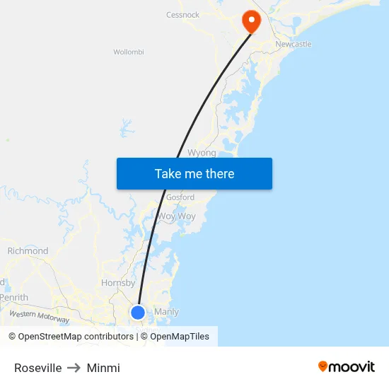 Roseville to Minmi map