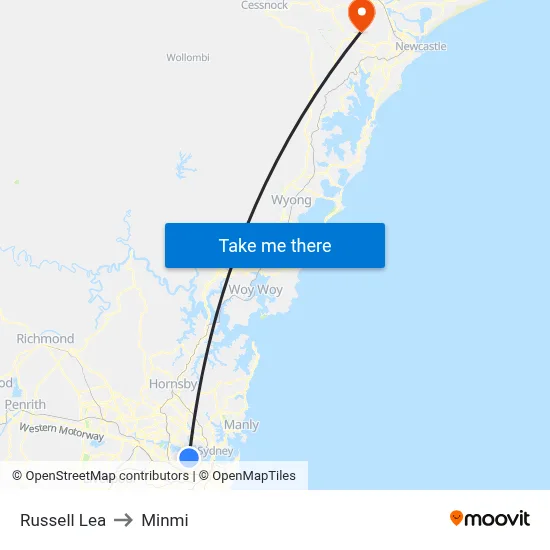 Russell Lea to Minmi map