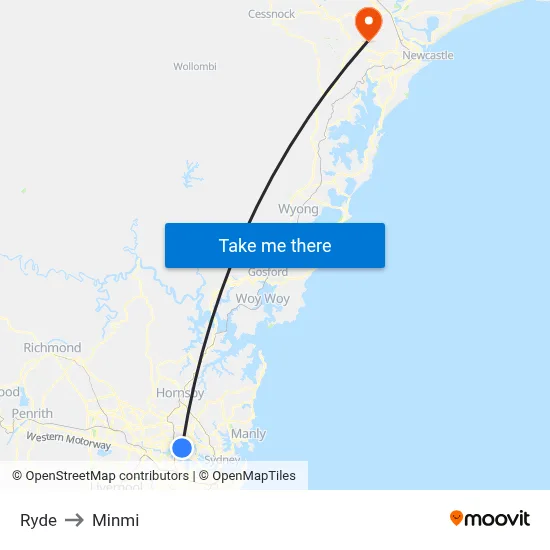 Ryde to Minmi map