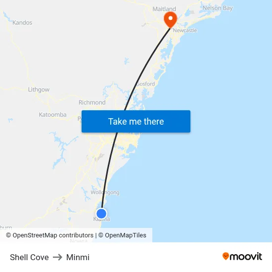 Shell Cove to Minmi map