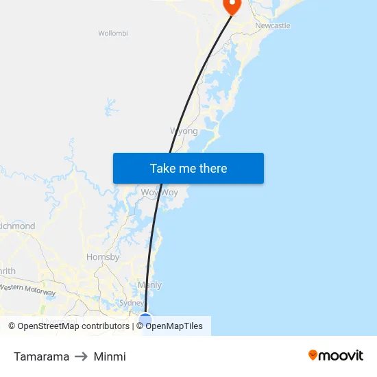 Tamarama to Minmi map