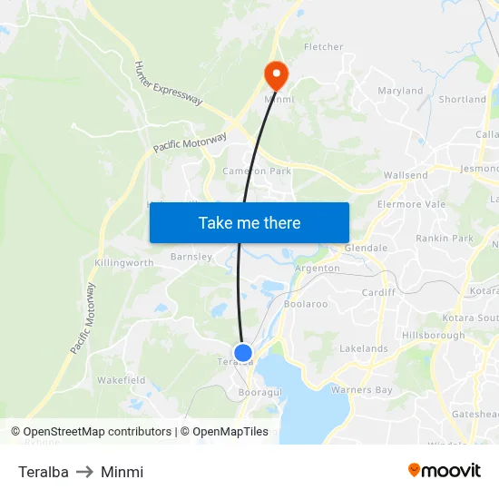 Teralba to Minmi map