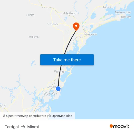 Terrigal to Minmi map
