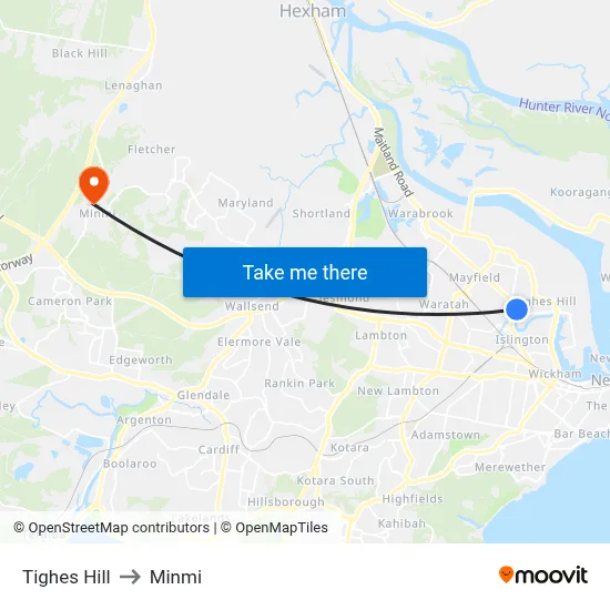 Tighes Hill to Minmi map