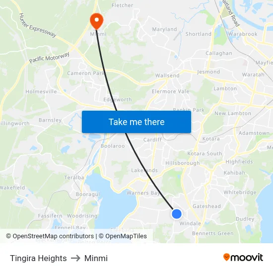 Tingira Heights to Minmi map