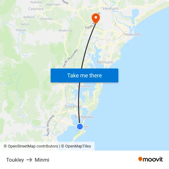 Toukley to Minmi map