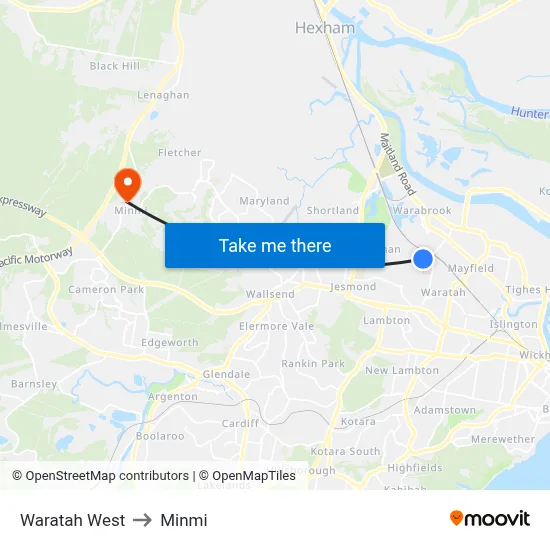 Waratah West to Minmi map