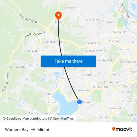 Warners Bay to Minmi map
