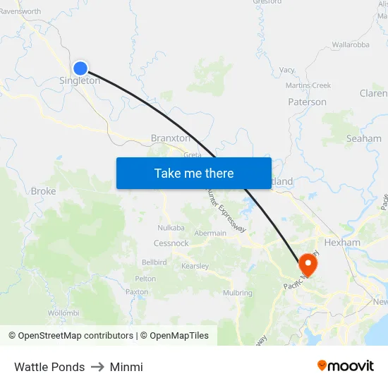 Wattle Ponds to Minmi map
