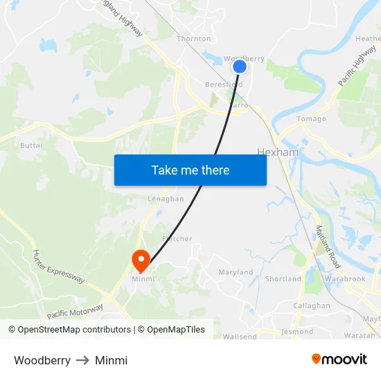 Woodberry to Minmi map
