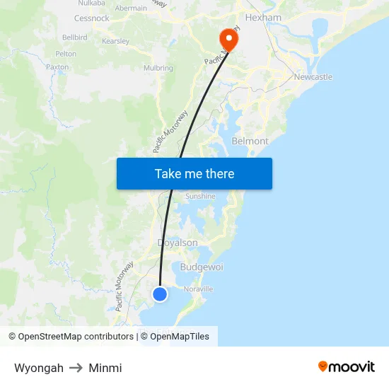 Wyongah to Minmi map