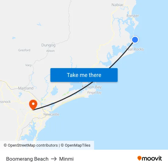 Boomerang Beach to Minmi map