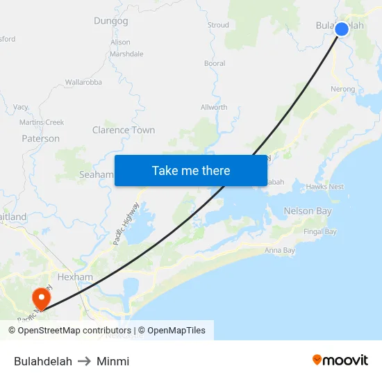 Bulahdelah to Minmi map