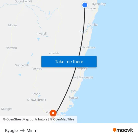 Kyogle to Minmi map