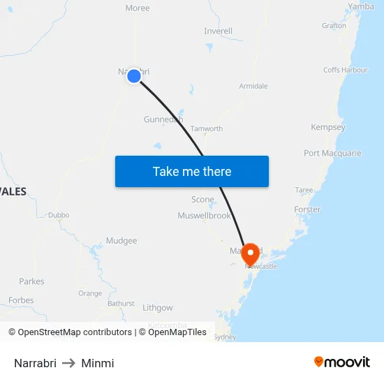 Narrabri to Minmi map