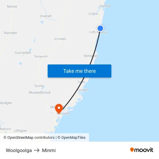 Woolgoolga to Minmi map