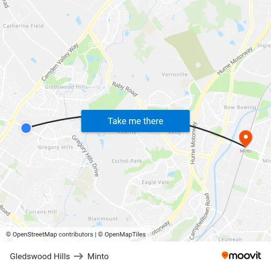 Gledswood Hills to Minto map