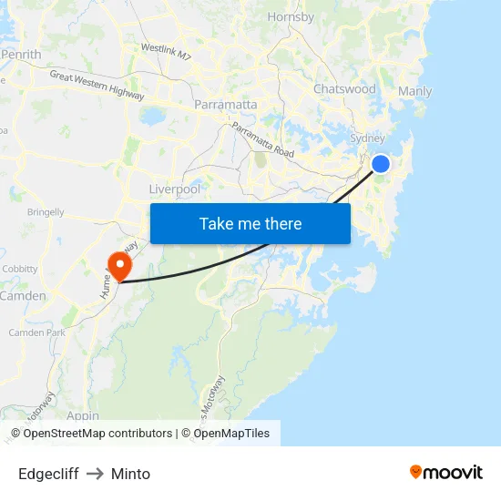 Edgecliff to Minto map