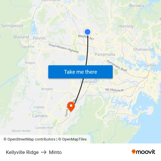 Kellyville Ridge to Minto map