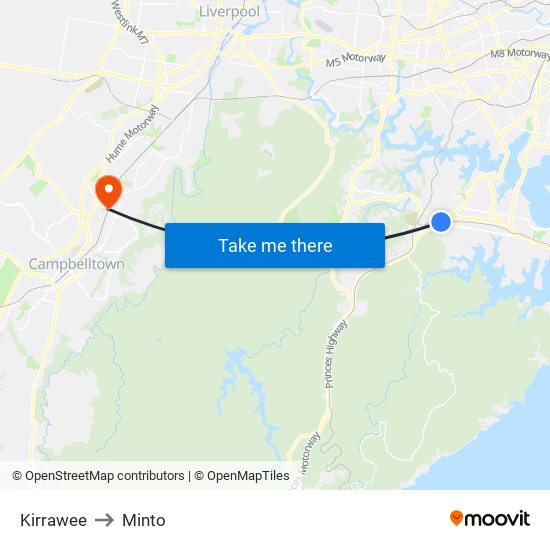 Kirrawee to Minto map