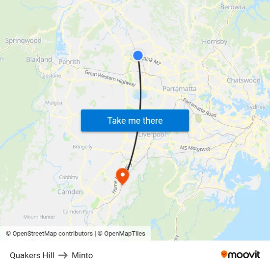 Quakers Hill to Minto map