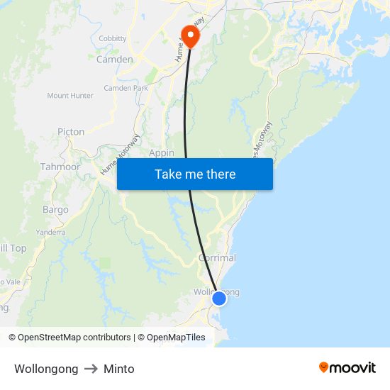 Wollongong to Minto map