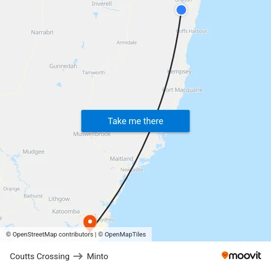 Coutts Crossing to Minto map