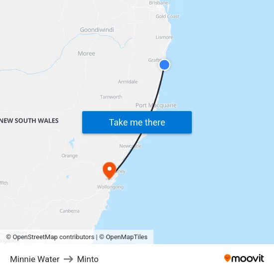 Minnie Water to Minto map