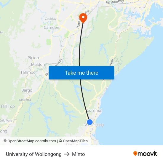 University of Wollongong to Minto map