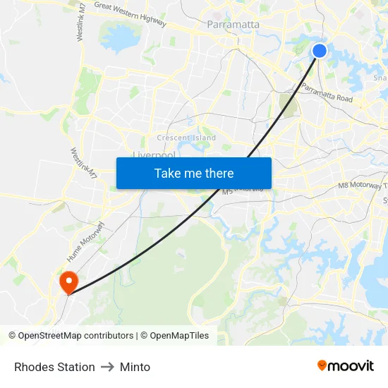 Rhodes Station to Minto map