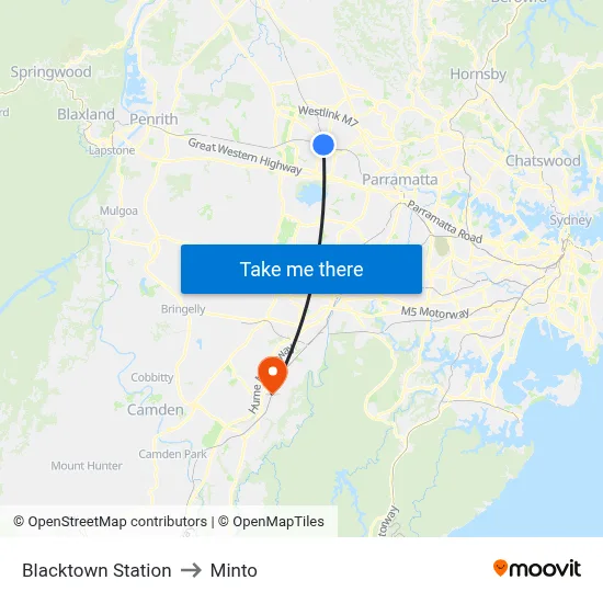 Blacktown Station to Minto map