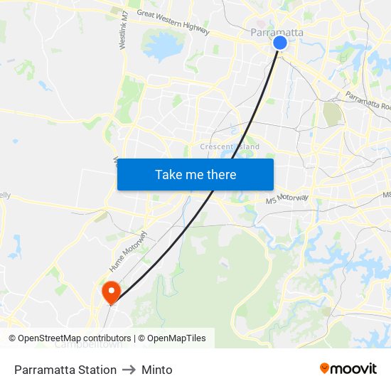 Parramatta Station to Minto map